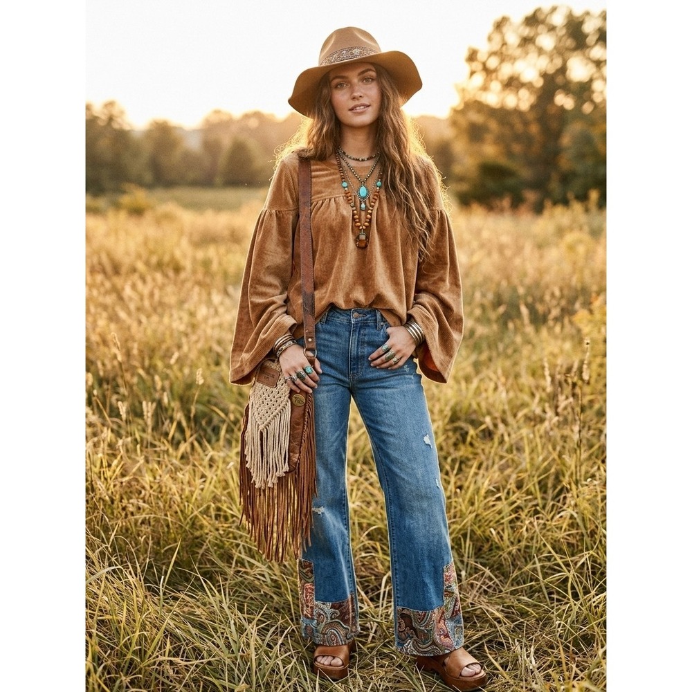 Madewell Texture Thread Corduroy Velvet Velour Swing Bell Sleeve Golden Top M